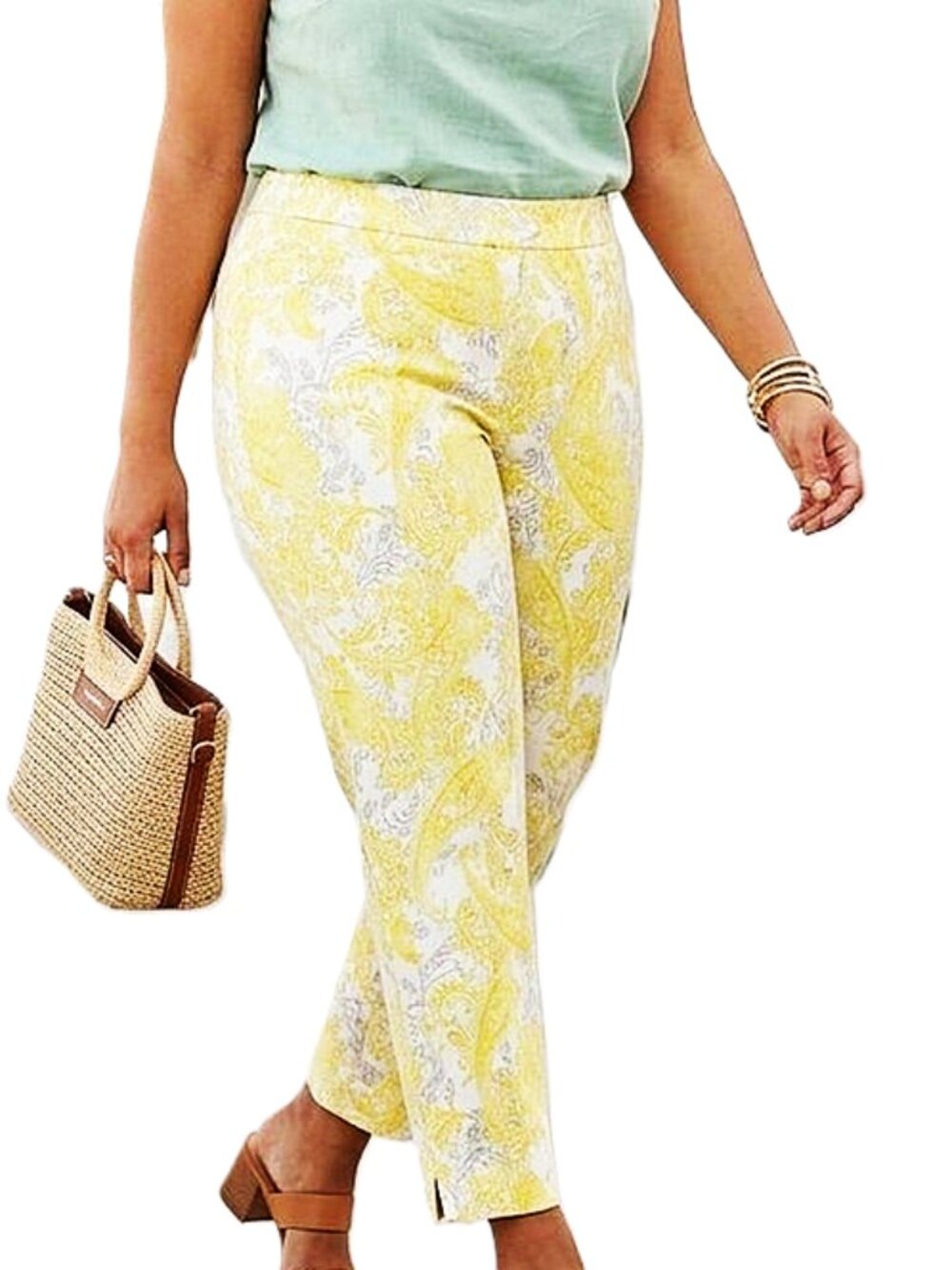 Multi Yellow Paisley So Slimming 360 Brigitte Ankle Pants size 2